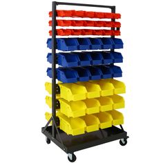 a rack with several bins on it and some yellow, red, and blue bins