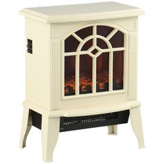 a white stove with an open window on the top and bottom shelf, in front of a white background