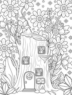 Fairy House Coloring Pages for Adults: Beautiful Collection of Magical Fairy Homes Bookish Coloring Pages, Cottage Core Coloring Pages, Colouring Pages For Adults Printable Free, Coloring Book Art Free Printable, Tree House Coloring Pages, Cottagecore Coloring Pages, Fairy Tale Coloring Pages, Diy Coloring Book, For Coloring