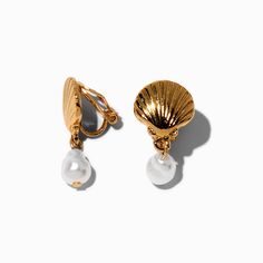 Gold-tone Shell & Pearl Clip-On Earrings Hawaii Clothes, Sensitive Ears Earrings, Italy Jewelry, School List, Ankle Jewelry, Earrings To Make, Word Bracelet, Jewelry Words, Scallop Shell