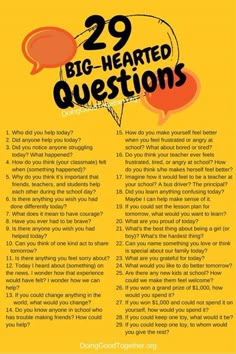 a yellow poster with the words 29 big - hearted questions