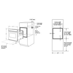 the diagram shows an oven with its door open, and measurements for each section of the cabinet