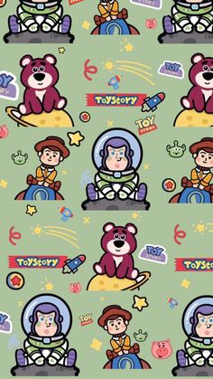 an image of children's wallpaper with teddy bears and astronauts on it