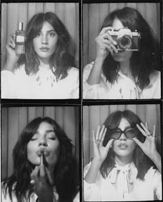 four black and white photos of a woman holding a camera in front of her face