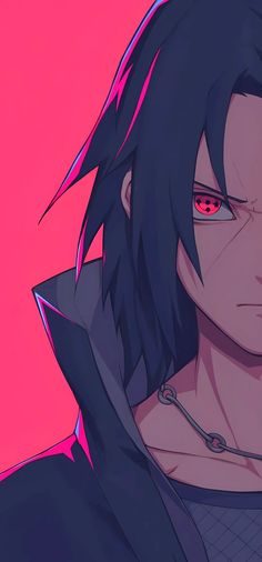 an anime character with long black hair and red eyes looking at the camera while standing in front of a pink background