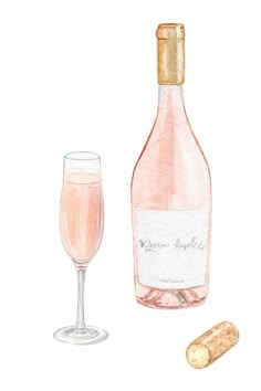 a watercolor drawing of a bottle of wine next to a glass with a cork