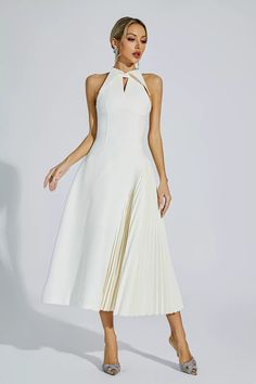 Crafted with meticulous attention to detail, Cynthia Cream Ruched Midi Dress is a must-have for the fashion-forward individual. This sleeveless waist pleated dress exudes elegance and sophistication. Featuring a stylish cut-out lapel design, this dress is perfect for any occasion, be it formal or casual. Dress Length: A Causal Chic Outfits, Daytime Fashion, Causal Chic, Pink Bandage Dress, Midi Dress Work, Gold Maxi Dress, Lapel Design, Grad Ideas, Blazer Mini Dress