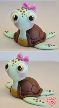 two pictures of a turtle with a bow on it's head and the same turtle in its shell