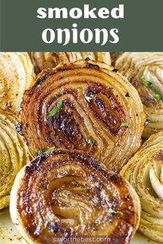 grilled onion rings on a plate with the title text overlay reads how to make smoked onions