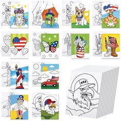 a bunch of cards with pictures of dogs and animals on them, including an american flag