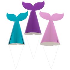 three different colored paper hats with tails