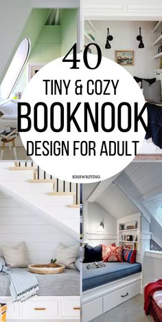 there are four pictures with the words tiny and cozy book nook design for adult