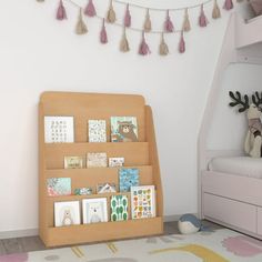 a child's room with a book shelf and bed