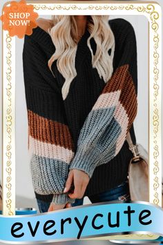 V-neck Lantern Sleeve Striped Patchwork Knit Sweater Indie Winter Outfits, Patchwork Knit, Lantern Sleeve, Winter Outfits Women, Lantern Sleeves, Ladies Tops Fashion, Knit Sweater, Customer Support, Knitted Sweaters