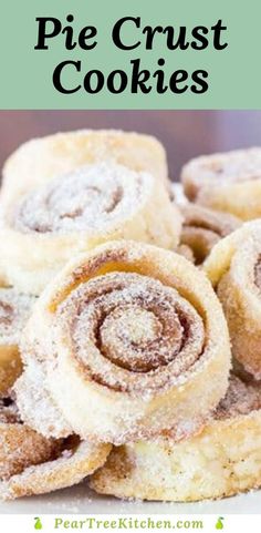 some cinnamon rolls are stacked on top of each other with the words, how to make sugary pie crust cookies