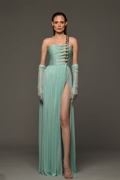 Draped dress in silk foiled tulle with one sided chain strap and gloves - HerTrove Gaun Tulle, Aqua Blue Dress, Sheer Gloves, Runway Gowns, Statement Dress, Gala Dresses, Draped Dress, Blue Silk, One Sided