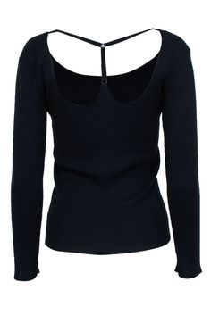 This isn't just your average knit top. The harness design detail at the back adds a punky little vibe to this simple and classic silhouette. We would love to see this stretch knit paired with high waisted jeans and Doc Martens for the best cool chick ensemble. Size L 62% Viscose, 38% Polybutylene Unlined Pullover Long sleeves Round neckline Harness detail at back Bust 30" Waist 22" Shoulder to hem 23" Black Stretch Knit Top, Black Ribbed Elastane Tops, Stretch Fine Knit Top For Night Out, Trendy Fitted Fine Knit Top, Trendy Black Fine Knit Top, Black Fitted Knit Top With Ribbed Neckline, Fitted Black Knit Top With Ribbed Neckline, Fitted Black Knit Top For Night Out, Black Fitted Sweater With Ribbed Neckline