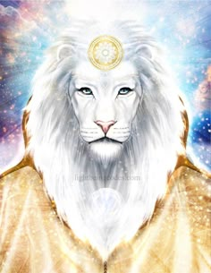 a white lion with a golden crown on its head and blue eyes, surrounded by stars