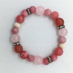 "💘 Rose Quartz, Pink Jade & Cherry Agate Gemstone Bracelet, Valentines Day Gift for Her, Boho Healing Bracelet. Colorful semi precious bracelet. Free Shipping.  Accents are Gunmetal Crystal Spacer beads, they sparkle like CRAZY! So easy to LOVE! Our Bracelets look amazing stacked and layered, wearing more than one is so much FUN! 8mm, 10mm and 12mm Polished Semi Precious Polished Rose Quartz, Pink Jade and Cherry Agate Gemstone Beads. This listing is for one (1) Bracelet and comes packaged in C Pink Hand-strung Agate Jewelry, Hand-strung Pink Agate Jewelry, Pink Natural Stone Bracelets For Friendship, Pink Natural Stones Bracelet For Friendship, Pink Beaded Bracelets With Natural Stones For Friendship, Pink Natural Stones Jewelry For Friendship, Pink Agate Jewelry With 8mm Beads, Pink Agate Hand-strung Bracelets, Pink Agate Beaded Bracelets