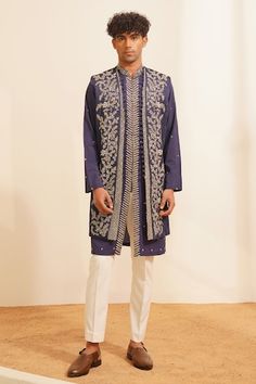 Blue bundi with sequin and bead embellished floral vine embroidered patterns. Comes with embellished inner kurta and pant. - Aza Fashions Embroidered Patterns, Kurta Set For Men, Saree For Women, Katan Silk, Banarasi Saree, Floral Vine, Banarasi Sarees, Floral Border, Kurta Set