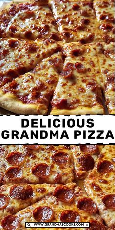 two different views of a pepperoni pizza with the words delicious grandma pizza