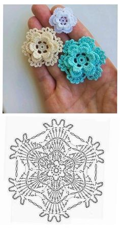 crocheted flowers are shown in three different colors