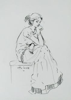 a black and white drawing of a woman sitting on a bench with her hand under her chin