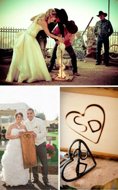 wedding photos taken in different locations with heart cutouts