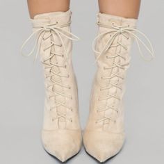 Brand New Nude Color Lace Up Bootie Heel Height 4 Inches Beige High Heel Lace-up Boots For Spring, Chic Beige Lace-up Boots, Suede Lace-up Boots For Party In Spring, Spring Party Suede Lace-up Boots, Spring Party Lace-up Suede Boots, Chic Lace-up Boots For Fall, Chic Lace-up Spring Boots, Chic Closed Toe Lace-up Boots For Fall, Chic Suede Lace-up Boots For Party