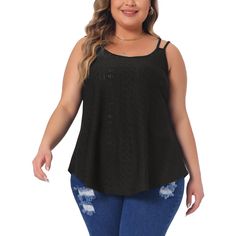 Made with eyelet embroidery and featuring a loose, flowy fit, this sleeveless camisole is both stylish and comfortable. The scoop neck design is perfect for layering under tunics or tops to wear with leggings, or simply pairing with favorite shorts or jeans. Made with comfortable materials, this top is perfect for both casual and dressy occasions. Plus, it's designed for women's plus size, so you can feel confident and comfortable all day long. Tops To Wear With Leggings, Eyelet Embroidery, Black Camisole, Feel Confident, Neck Designs, Tunics, Scoop Neck, Top Shirt, Layering