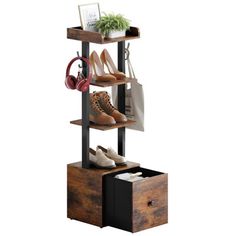 the shoe rack is made out of wood and has several pairs of shoes on it