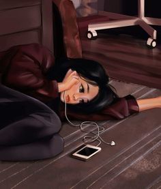 a woman laying on the floor listening to music with headphones in her ears and an ipod plugged into her ear