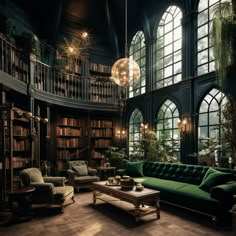 a living room filled with green furniture and lots of bookshelves on the walls