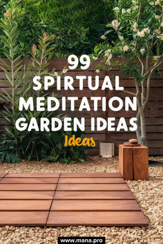 a wooden deck surrounded by rocks and plants with the words 99 ritual meditation garden ideas