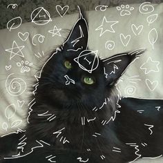 a black cat laying on top of a bed covered in white doodles and hearts