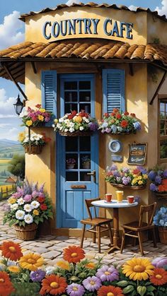 a painting of a country cafe with flowers