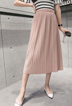 Pink High Rise Elasticised Midi Pleated Skirt Chic Solid Color Pleated Midi Skirt, Chic Solid Color Midi Pleated Skirt, Chic Midi Pleated Skirt In Solid Color, Feminine Long Pleated Skirt For Spring, Spring Solid Color Midi Bottoms, Feminine Spring Pleated Midi Skirt, Spring Feminine Midi Pleated Skirt, Feminine Knee-length Pleated Skirt, Elegant Pink Solid Skirt