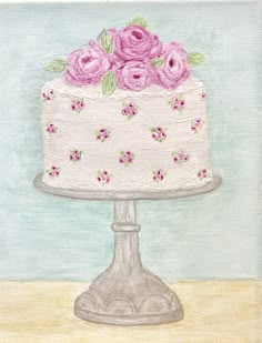 a painting of a cake with pink flowers on it