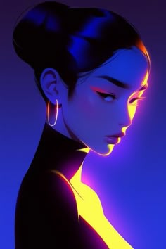 a woman with dark hair and neon lights on her face, wearing large hoop earrings