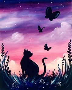 a painting of a cat sitting in the grass with butterflies flying above it at night