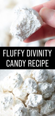 a hand holding up a marshmallow treat with the words fluffy divinity candy recipe