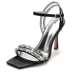 Shop Black Rhinestone Satin Ankle Strap Stiletto Heel Sandals color Black for Anniversary, Going out, Hanging out, Wedding with worldwide Free shipping & Free return.