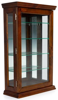 a wooden display case with glass doors and shelves