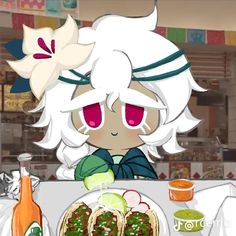 an anime character sitting at a table with food