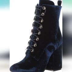 Bridget Ankle Boot With A Plain Almond Toe. Zip Fastening At Side And Front Laces With Metal Eyelets. Heel 10 Cm. Origin: Imported Sole Material: Synthetic Shaft Height: Ankle-High Country Of Origin: China Block Heel Inside Zipper Blue Ankle-high Boots For Fall, Trendy Blue Mid-calf Boots For Fall, Blue Block Heel Boots For Fall, Blue Leather Heels For Winter, Blue Lace-up Boots With Reinforced Heel, Chic Blue High Ankle Heeled Boots, Blue High Ankle Heels For Fall, Blue Heeled Boots For Fall, Blue Fitted Ankle Heeled Boots