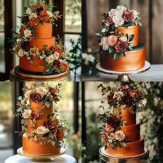 three tiered orange wedding cake with flowers on each layer and greenery at the top