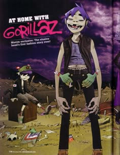 an image of a cartoon character in the middle of a magazine cover with text that reads at home with gorillaz