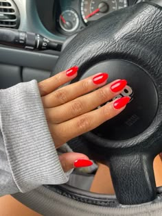 Lucky Red Nails, 4th Of July Red Nails, Nails That Look Good With Red Dress, Summer Red French Nails, Red Oval Acrylic Nails Designs, Solid Red Nails Acrylic, Red Summer Almond Nails, Chilli Red Nails, Red Almond Nails Summer