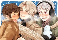 two people are kissing and one is holding a snowman while the other looks on