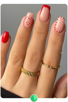 Red French tips with candy cane dots add a fun, holiday-inspired twist to classy simple Christmas nails. A playful, festive design with a refined edge. Nails Inspiration Simple, Christmas Nail Colors, Pride Nails Designs, Christmas Nails Red, Nails Designs Short, Christmas Decoration Diy, Pride Nails, Candy Cane Nails